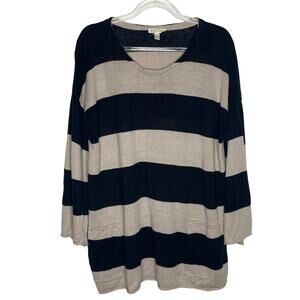 Eileen‎ Fisher Womens Medium Organic Linen Striped Sweater Black Tan Fisherman